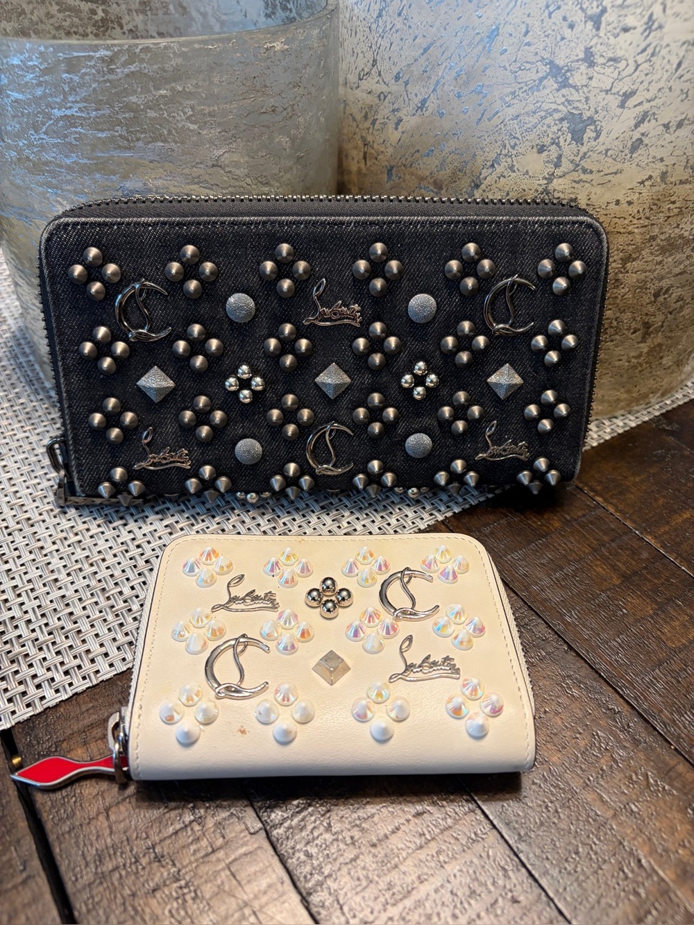 Christian Louboutin Black and Cream Studded Zip Wallet Bundle